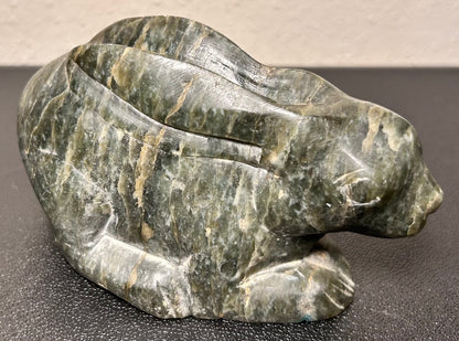 Vintage Mid 20th Century Chinese Recumbent Rabbit Spinach Green Soapstone Carving Figure