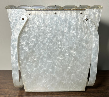 Vintage 1950’s American Wilardy Pearlescent Marbleized White Lucite/Metal Filigree Box Purse Made in New York