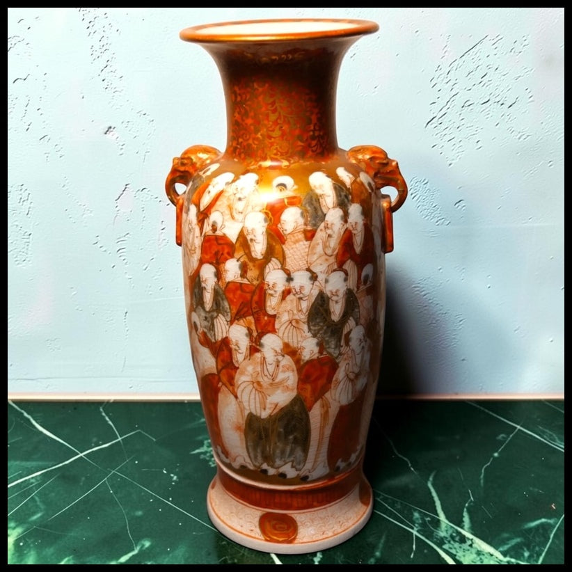 Circa 1915 Japanese Kutani Takeuchi Seizan Porcelain 1,000 Scholars Pattern Animal Mask Handled Baluster Vase (Taisho Period)