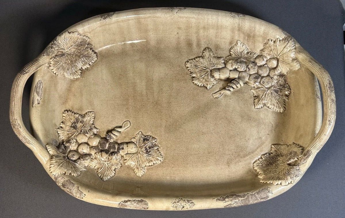 Vintage 1990’s Italian Wild Olive Co. Art Pottery Ceramic Antiqued Finish High-Relief Molded Grape Cluster Motifs Handled Oval Tray