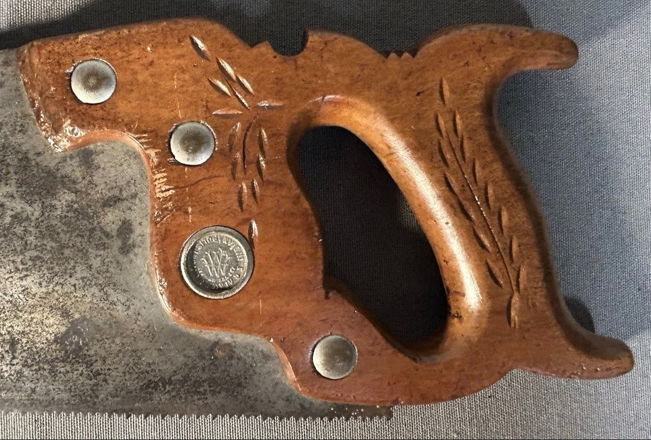 1888-1895 American E.C. Atkins & Co. 20-Inch Silver Steel Metal Blade/Carved Beech Wood Wheat Pattern Handle Panel Saw with Medallion