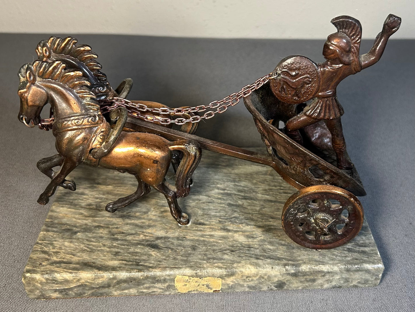 Vintage Circa 1960’s Greek Mythology Achilles with War Chariot Bronze Patinated Spelter Statue on Grey/White Marble Base Made in Greece