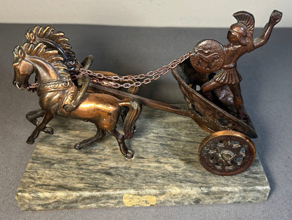 Vintage Circa 1960’s Greek Mythology Achilles with War Chariot Bronze Patinated Spelter Statue on Grey/White Marble Base Made in Greece
