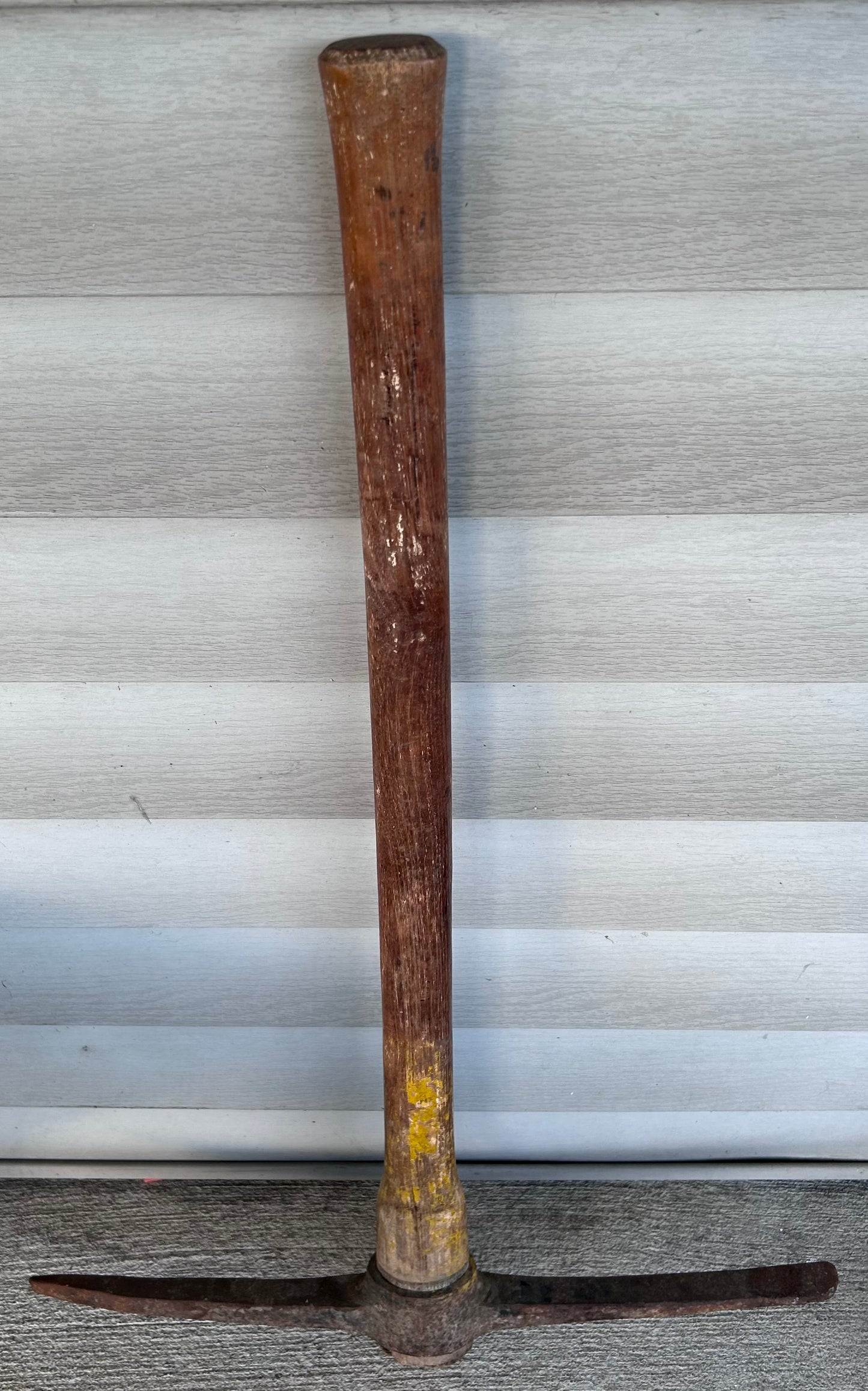 Vintage 1950’s Japanese Hand Forged Cast Iron Head Yellow Painted Wooden Handle Mining Pickaxe Tool