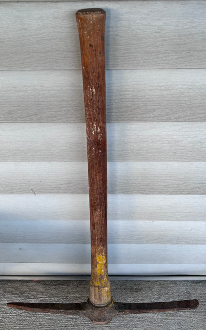 Vintage 1950’s Japanese Hand Forged Cast Iron Head Yellow Painted Wooden Handle Mining Pickaxe Tool