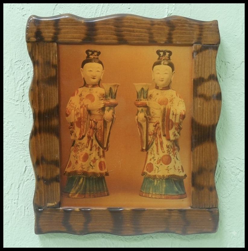 Vintage Circa 1970 Chinese Porcelain Figural Candlesticks Decoupage on Wood Art