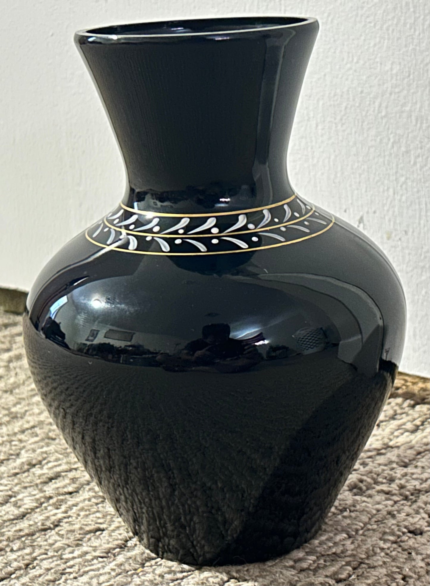 Vintage 1950’s American Westmoreland Mary Gregory Black Amethyst Glass Hand-Painted Woman Playing Harp Motif Baluster Vase