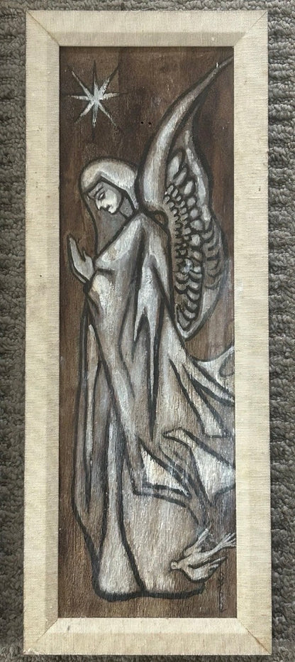 Pair of Vintage 1960’s American Mid Century Modern Angel Acrylic Paint/Pencil Mixed Media Framed Art on Wood Panels Signed Stone