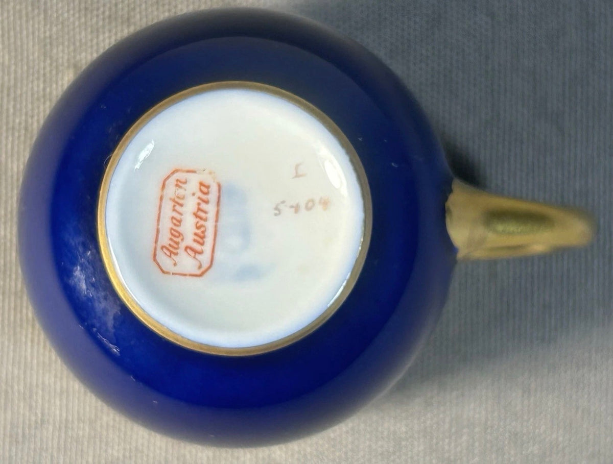 Austrian Augarten Porcelain Biedermeier Style Gilded Cobalt Blue Scrollwork Motifs Demitasse Cups and Saucer Set