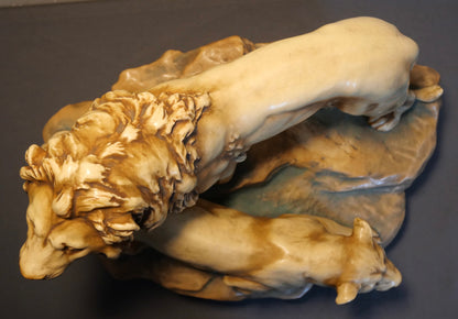 Circa 1900 Austrian Art Nouveau Theodore Schoop for Bernard Bloch Porcelain Lion and Lioness on Rock Figural Group Sculpture