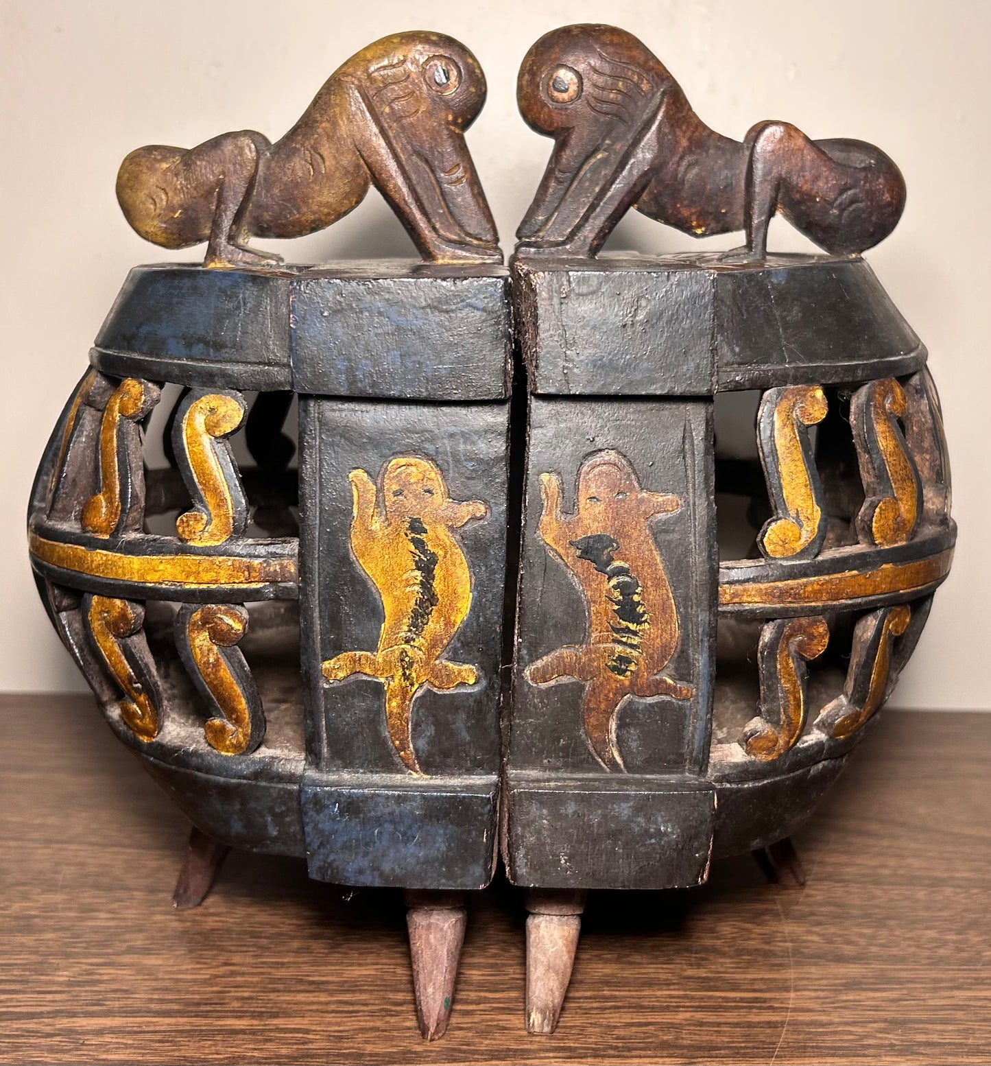 Vintage Mid 20th Century West African Baule-Attributed Carved Hardwood Zoomorphic Figures/Crocodile Motifs Ritual Container from Côte d’Ivoire