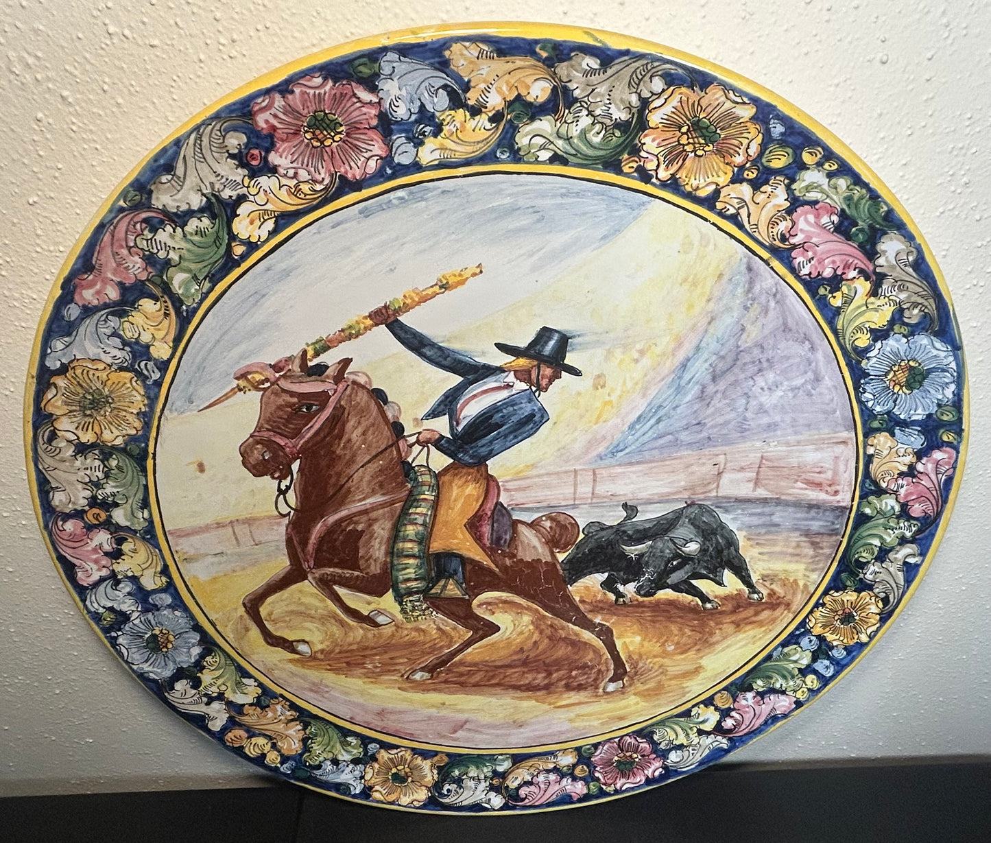 Vintage 1950’s Peruvian Fabrica Ceramica Artistica Pottery Glazed Terracotta Matador/Bull Motif Master Charger Platter