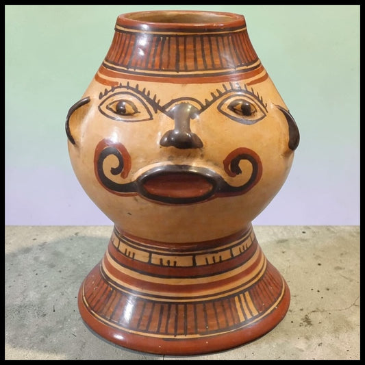 Vintage Mid 20th Century Costa Rican Pre-Columbian Style Nicoya Pottery Pataky Polychrome Clay Anthropomorphic Mesoamerican Rain God Tláloc Footed Effigy Vessel