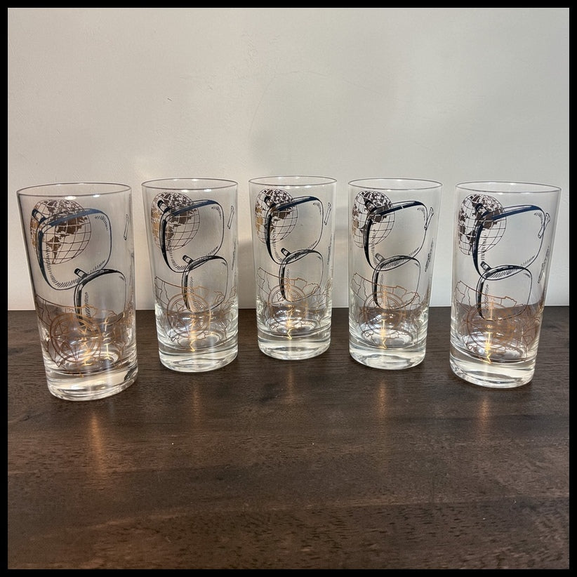 Set of 5 Vintage 1960’s American Thomas Electronics Mid Century Modern Gilded Television Component Motifs Highball Glasses