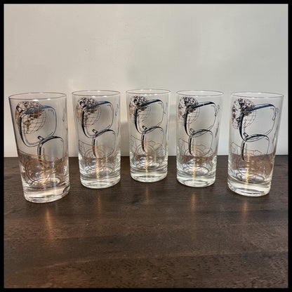 Set of 5 Vintage 1960’s American Thomas Electronics Mid Century Modern Gilded Television Component Motifs Highball Glasses