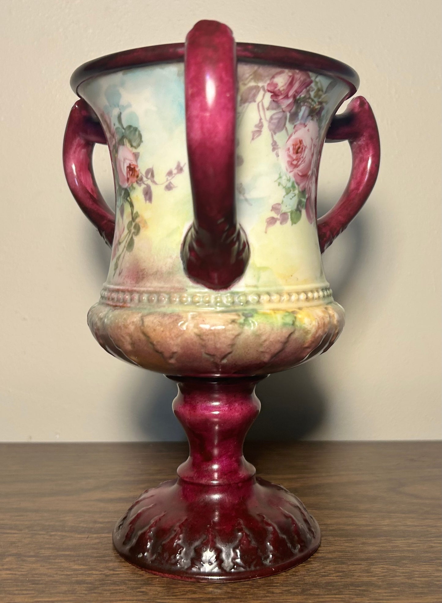 1889-1906 American Ceramic Art Studio Belleek Porcelain Hand Painted Rose Motifs Loving Cup Vase