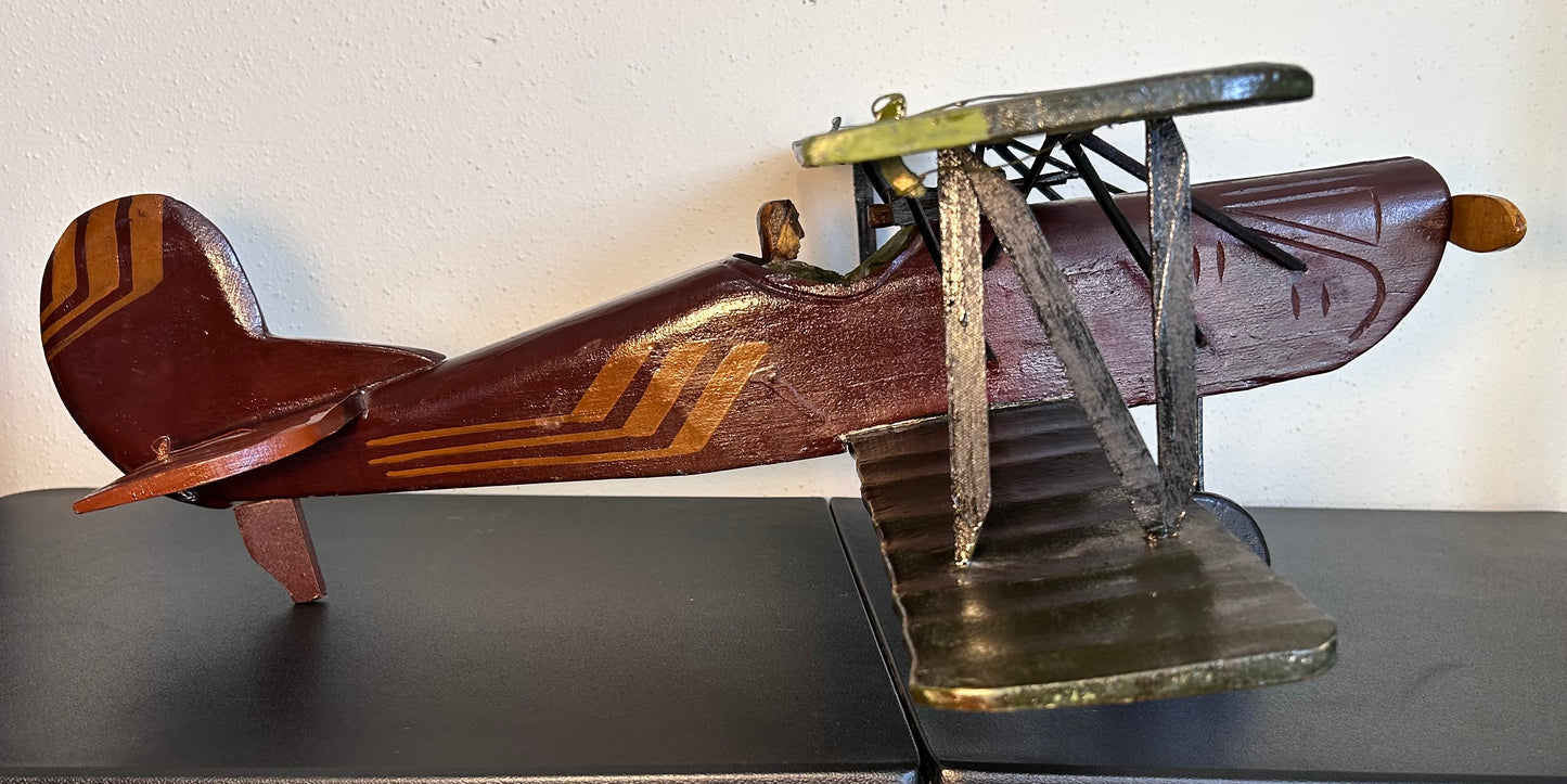 Vintage 1960’s American Folk Art Painted Wooden Model World War I Era Biplane