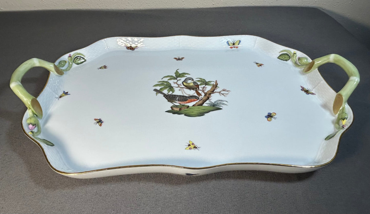Vintage Circa 1970 Hungarian Herend Porcelain Hand-Painted Rothschild Bird Pattern Scalloped Rim Handled Rectangular Serving Tray
