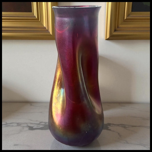 Circa 1900 Bohemian Josef Rindskopf Art Nouveau Iridescent Ruby Red Glass Striated Twist Vase
