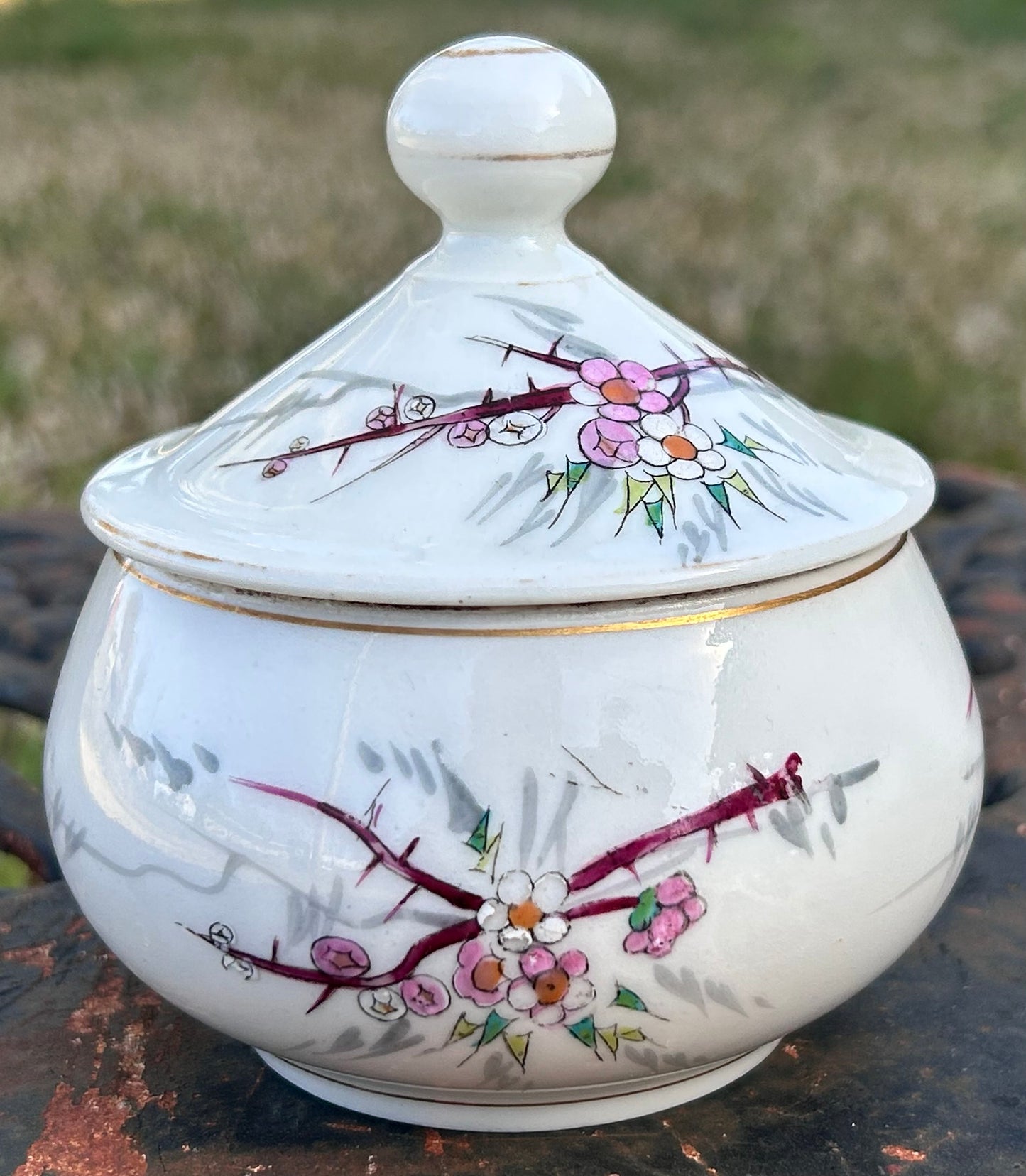 Vintage 1960’s Japanese Porcelain Hand-Painted Floral/Bird Motifs Lidded Vanity Jar