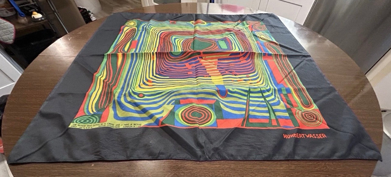 Vintage Circa 1970 Friedensreich Hundterwasser “The Blood Flows in a Circle and I Have a Bicycle” Art Silk Scarf Made by Filmdruck Heberlein & Co. AG (Switzerland)