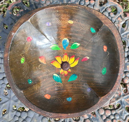 Vintage 1960’s Costa Rican Hand-Painted Floral Motifs Wooden Compote