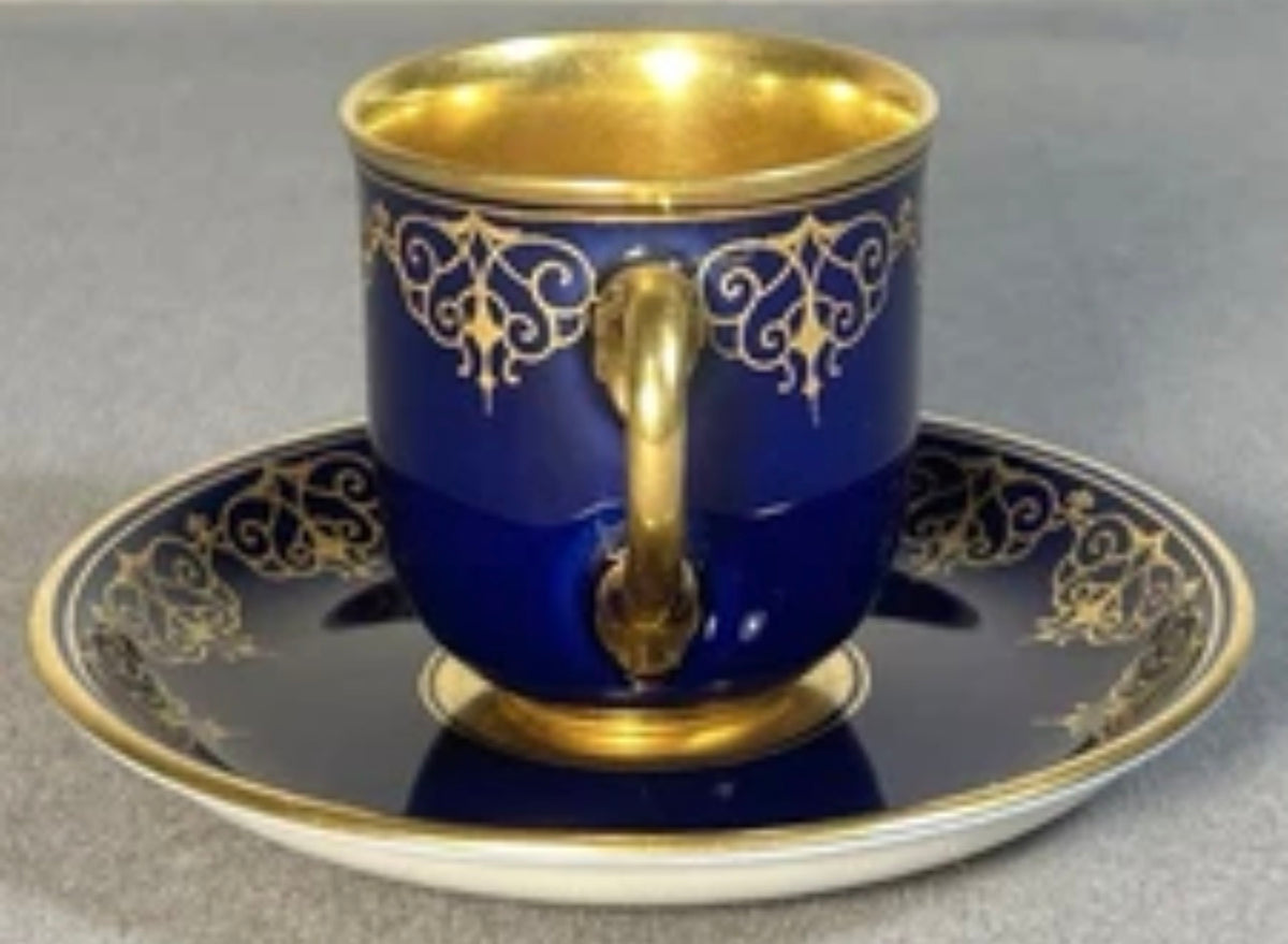 1930’s Austrian Augarten Porcelain Biedermeier Style Gilded Cobalt Blue Scrollwork Motifs Demitasse Cups and Saucer Set