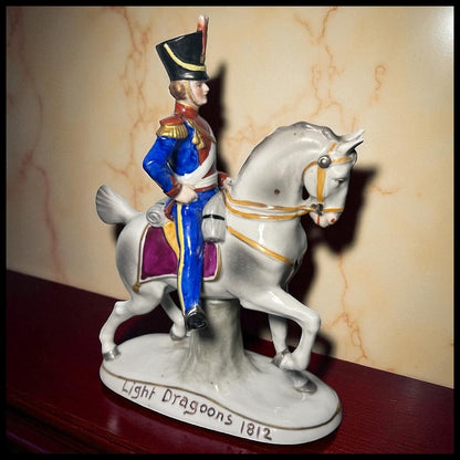1918-1920 German Sitzendorf Porcelain Light Dragoons 1812 Military Officer on Horseback Figurine