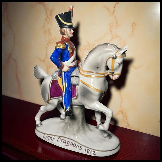 1918-1920 German Sitzendorf Porcelain Light Dragoons 1812 Military Officer on Horseback Figurine
