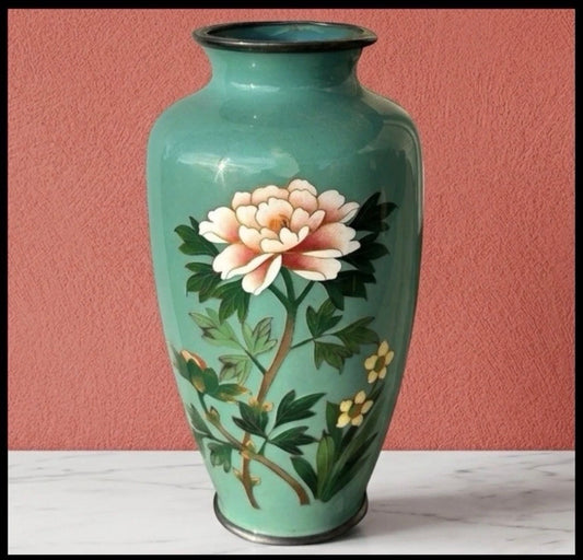 Vintage 1950’s Japanese Inaba Cloisonne Company Turquoise Silver Trim Floral Motif Baluster Vase with the Original Paperwork (Showa Period)