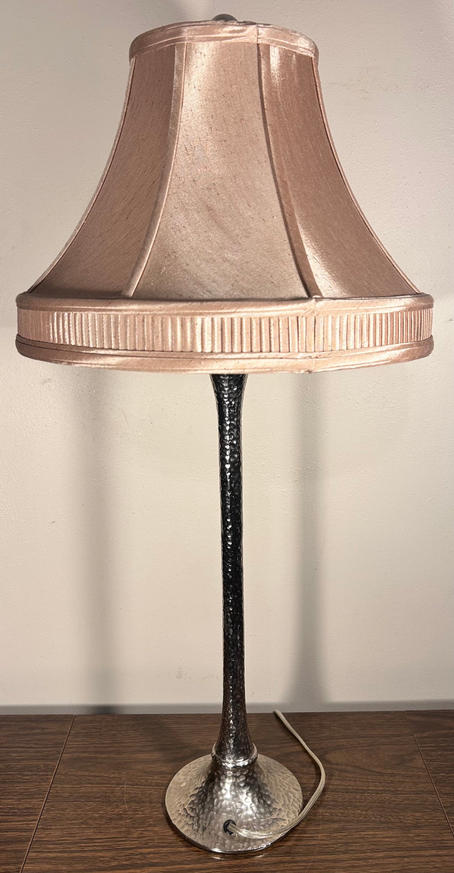 Arteriors Home Contemporary Style Silver Hammered Metal Trumpet Form Base/Cloth Bell Shade Table Lamp