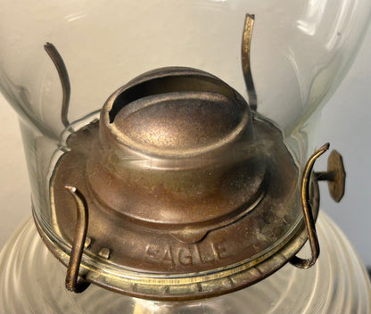 1930’s American Bartlett-Collins Early American Pressed Glass Rib and Plume Beehive Kerosene Oil Lamp with Eagle Burner