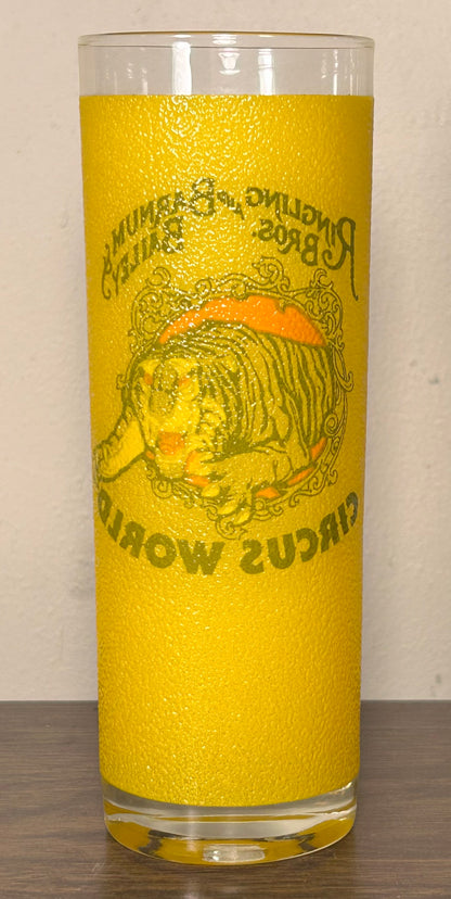 Vintage 1980’s Ringling Brothers & Barnum & Bailey Circus World Souvenir Tall Yellow Tiger/Ring of Fire Motif Glass