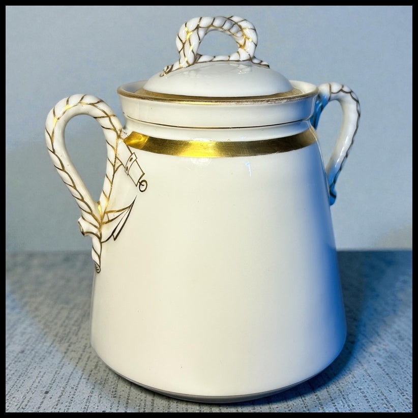 Late 19th Century French Rococo Revival Haviland Limoges Porcelain Rope and Anchor Pattern Lidded Sugar Bowl
