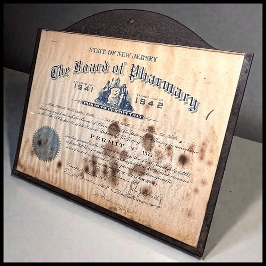 1941-42 American New Jersey Registered Pharmacy Permit in Tin Metal Glass Front Display Frame