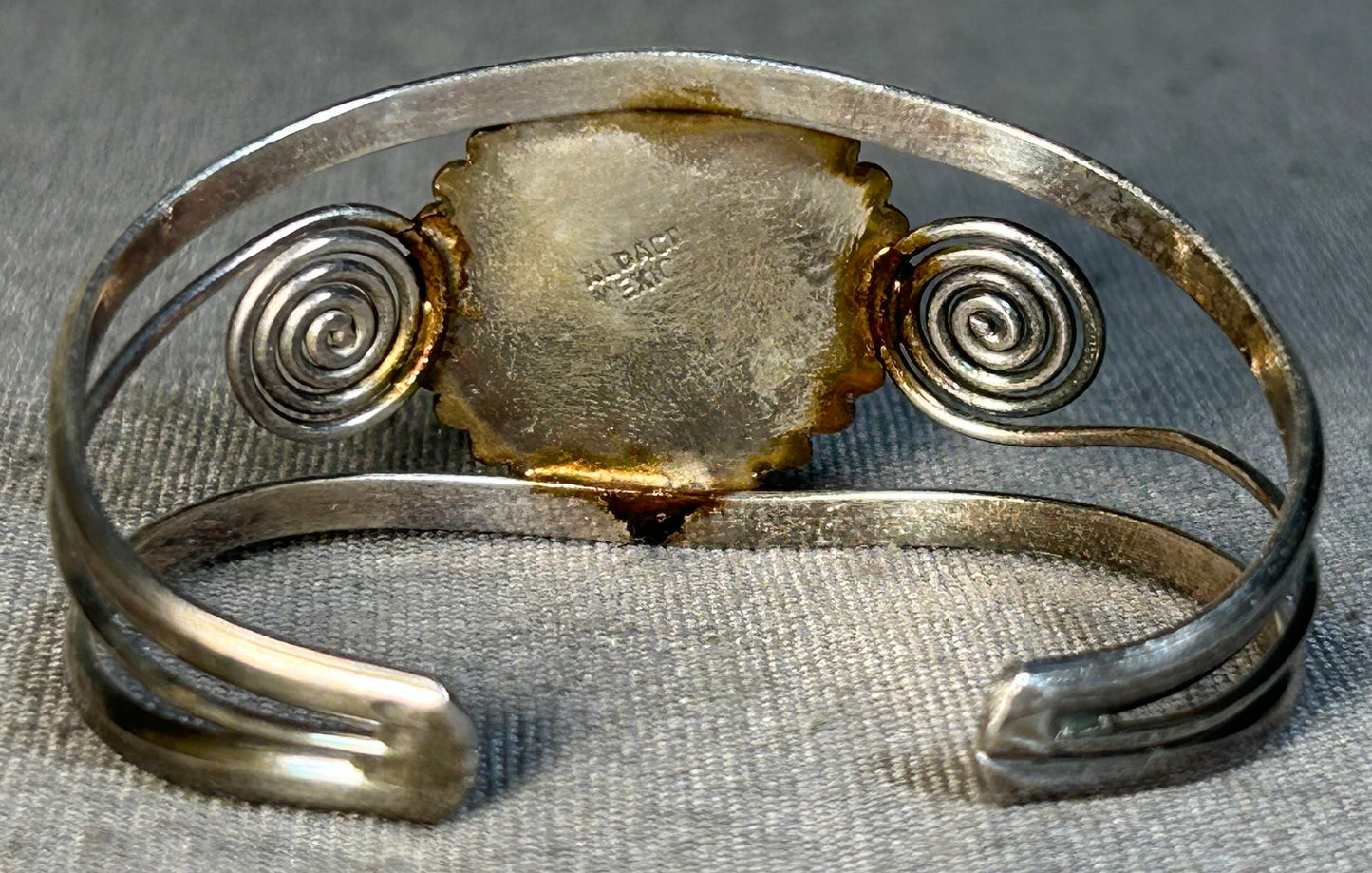 Vintage Circa 1970 Mexican Alpaca Modernist Silver Tone Abalone Shell and Black Onyx Inlay Aztec Chimalli Shield Motif Bangle Bracelet and Tassel Dangle Earrings Jewelry Set