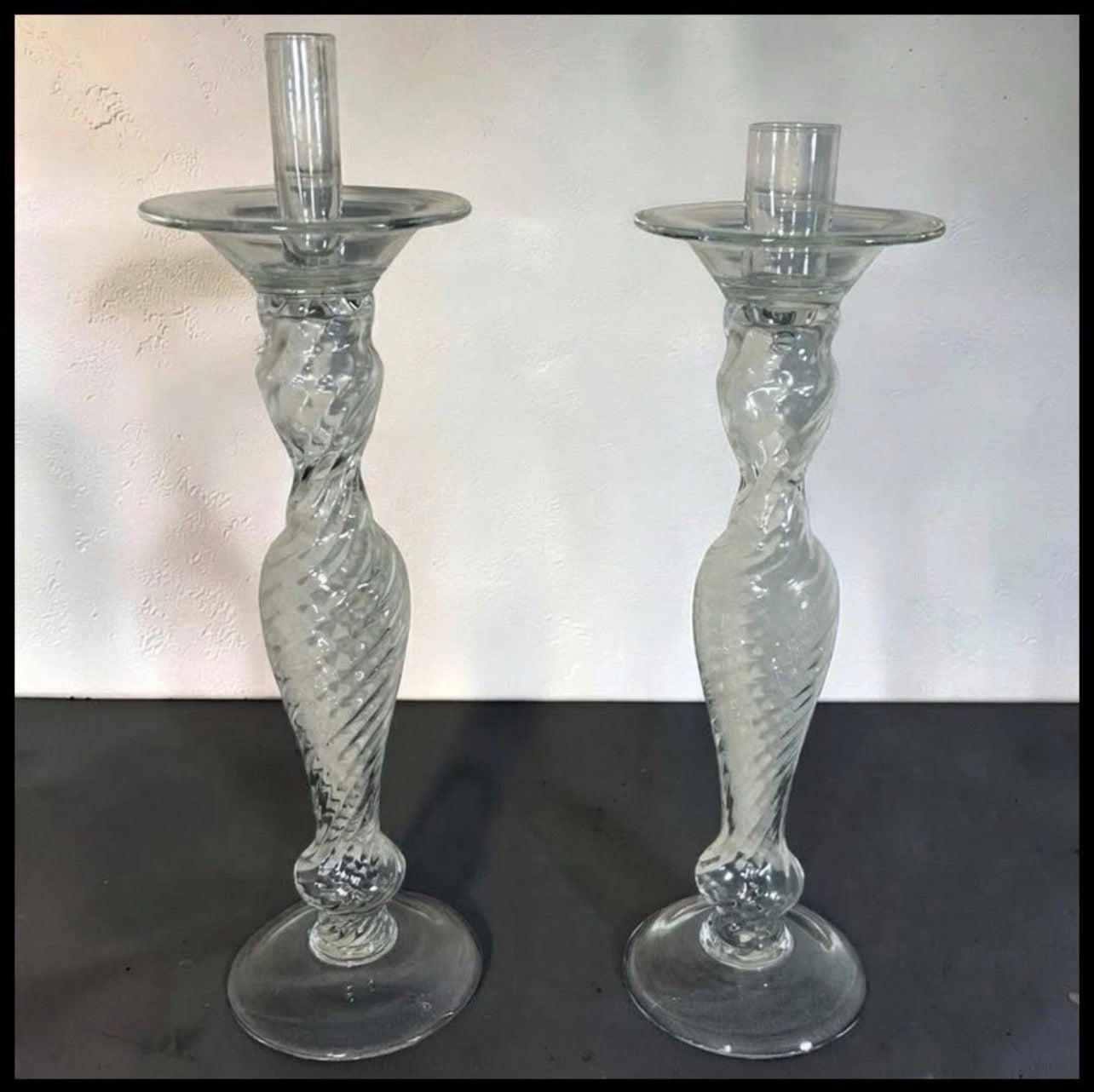 Pair of Vintage 1960’s Italian Empoli Monumental Mid Century Modern Clear Art Glass Optic Swirl Torsade Pattern Staggered Integrated Candle-Socket Chimney Circular Bobeche Drip Pans Candlesticks