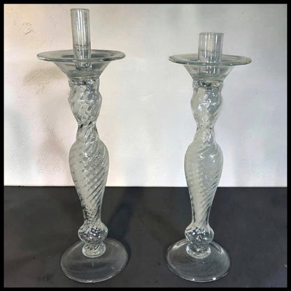 Pair of Vintage 1960’s Italian Empoli Monumental Mid Century Modern Clear Art Glass Optic Swirl Torsade Pattern Staggered Integrated Candle-Socket Chimney Circular Bobeche Drip Pans Candlesticks