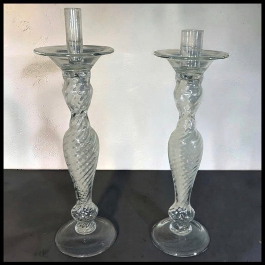 Pair of Vintage 1960’s Italian Empoli Monumental Mid Century Modern Clear Art Glass Optic Swirl Torsade Pattern Staggered Integrated Candle-Socket Chimney Circular Bobeche Drip Pans Candlesticks