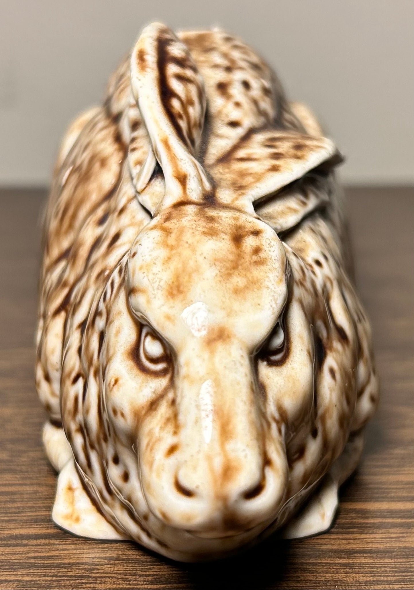 Late 19th Century English Victorian Staffordshire Mottled Brown Glazed Porcelain Rabbit Laying Down Figural Bank