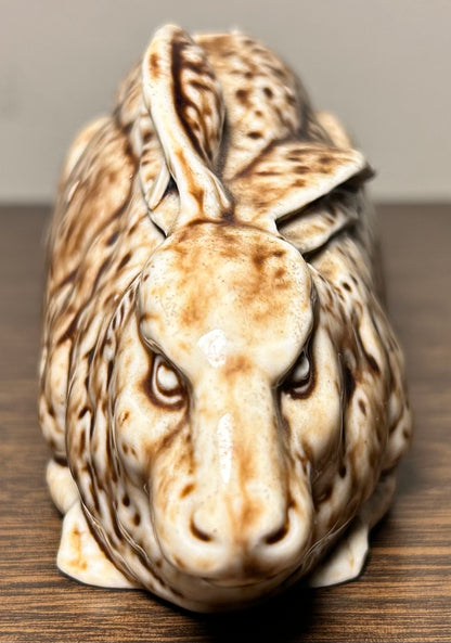 Late 19th Century English Victorian Staffordshire Mottled Brown Glazed Porcelain Rabbit Laying Down Figural Bank