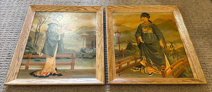 Pair of Vintage 1965 Craft Master Paint By Number Japanese Geisha Framed Oil Paintings