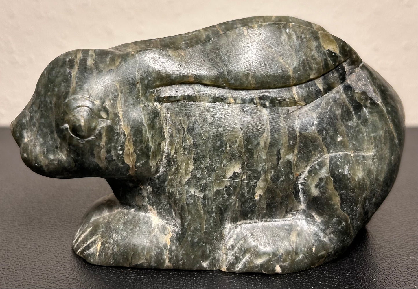 Vintage Mid 20th Century Chinese Recumbent Rabbit Spinach Green Soapstone Carving Figure