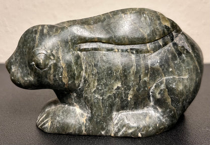 Vintage Mid 20th Century Chinese Recumbent Rabbit Spinach Green Soapstone Carving Figure
