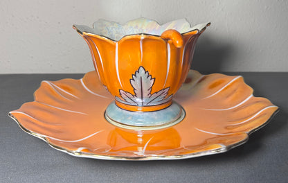 1920’s Japanese Art Deco Noritake Morimura Bros. Lustreware Porcelain Lotus Flower Form Leaf Motifs Footed Condiment/Sauce Bowl Three-Piece Set with Ladle and Underplate