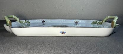 Vintage Circa 1970 Hungarian Herend Porcelain Hand-Painted Rothschild Bird Pattern Scalloped Rim Handled Rectangular Serving Tray