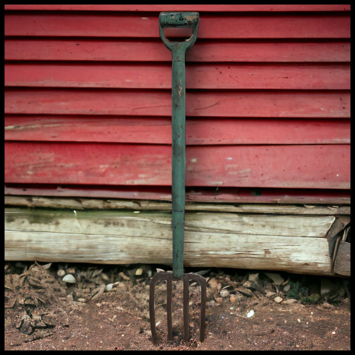 Circa 1920 American Primitive Pastel Green Painted Wood Handle Metal Hayfork