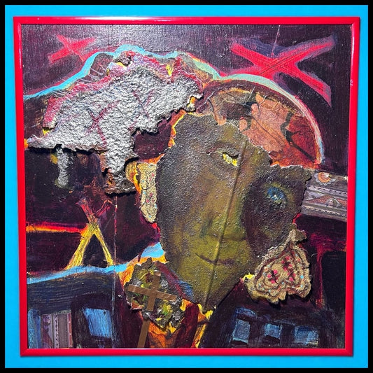 Byron Myrick - Untitled Contemporary Mixed Media Man with Cross Portrait on Wood Panel Art (2001) (Mississippi)