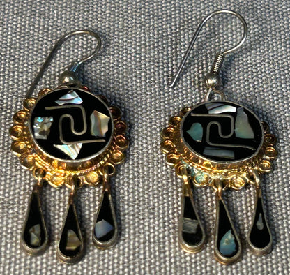 Vintage Circa 1970 Mexican Alpaca Modernist Silver Tone Abalone Shell and Black Onyx Inlay Aztec Chimalli Shield Motif Bangle Bracelet and Tassel Dangle Earrings Jewelry Set
