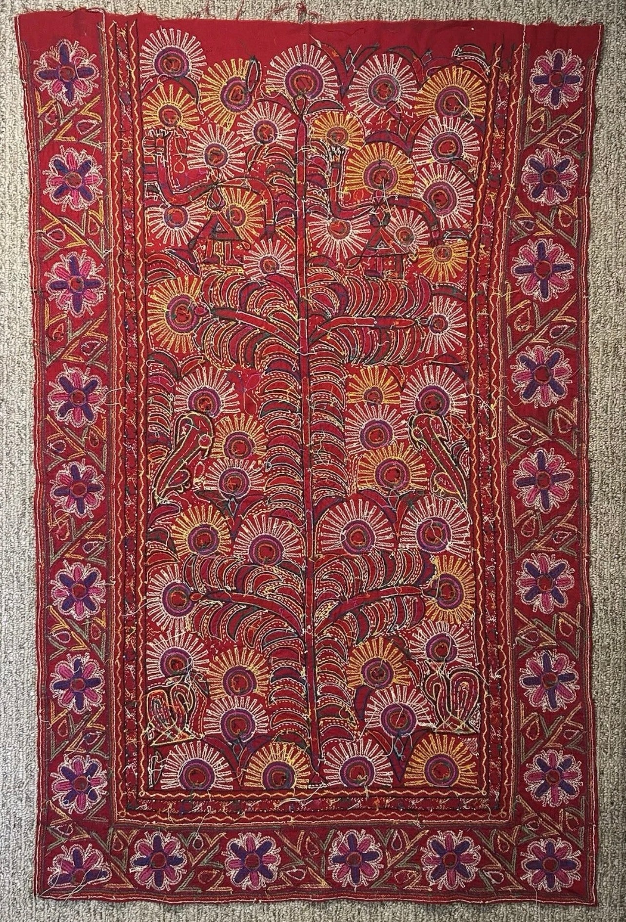 Vintage 1960’s Indian Kutch Chakla Embroidery/Mirror Work Textile Tree of Life Wall Hanging